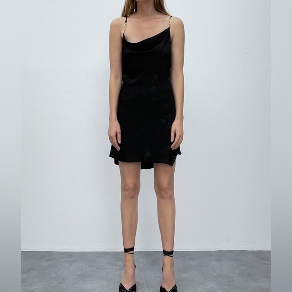 Zara Mini Dress Black Jacquard Draped Neck Women’s Size XL Chain Detail Straps